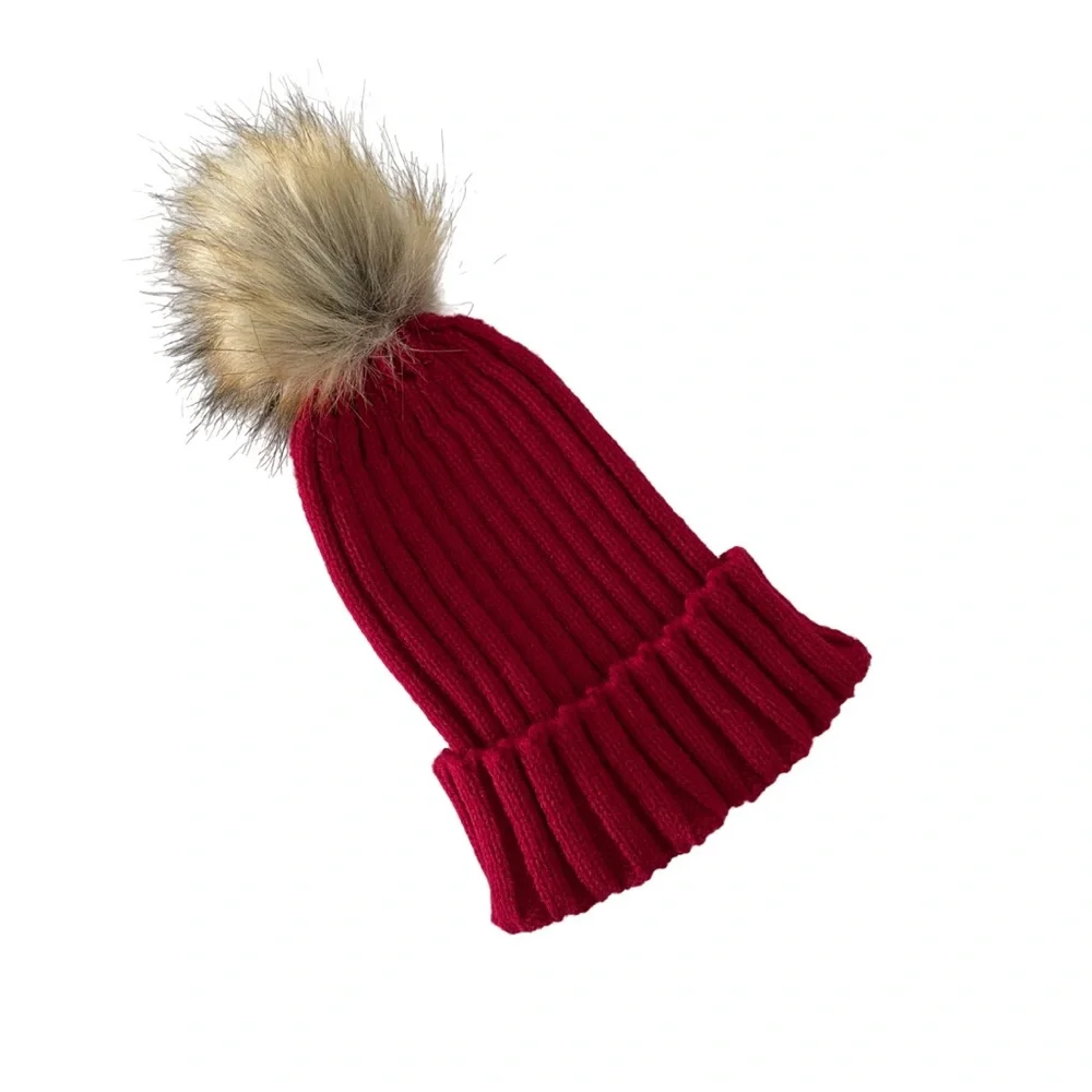 New Merino‎ Wool Fur Pom Pom Beanie - Burgundy O/S $40